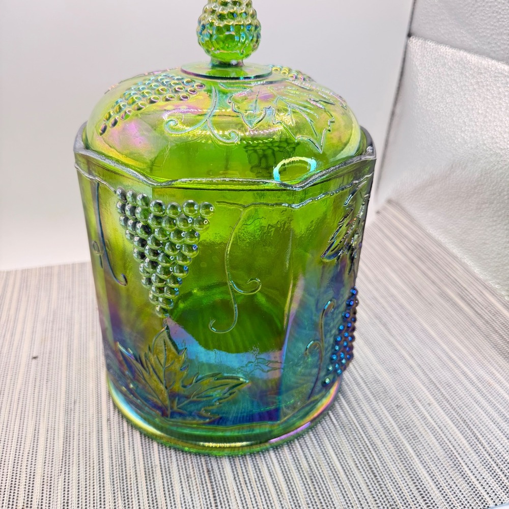 Indiana Glass Harvest Grape Carnival Glass Canister Jar Green Iridescent Lid